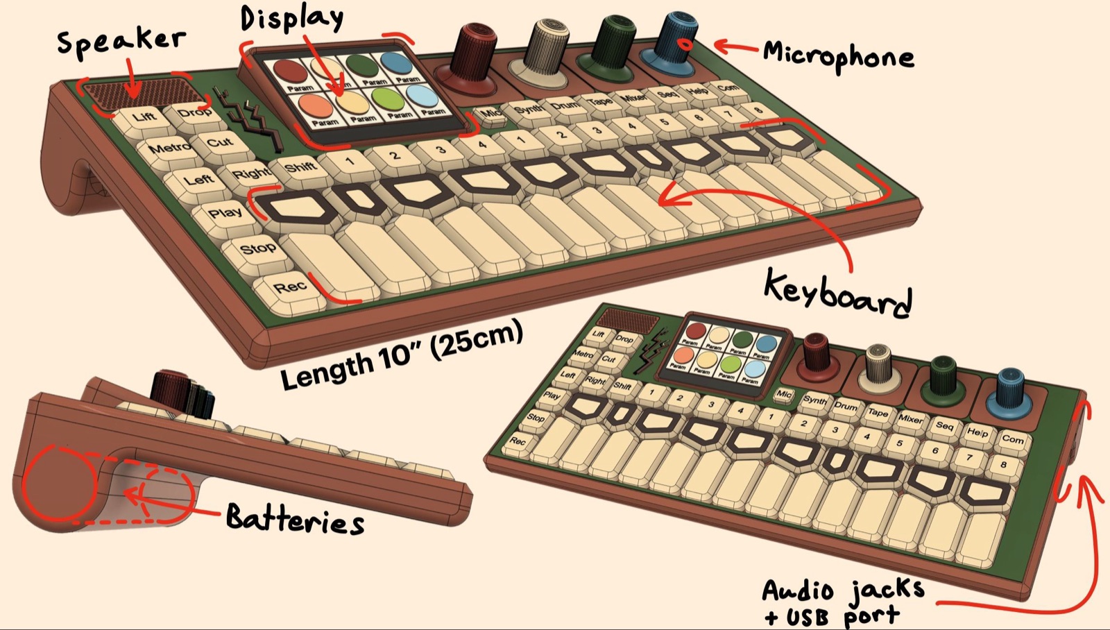 Annotated concept render labelling the speaker, display, microphone, keyboard, batteries, audio jacks and USB port, with a length of 25 cm