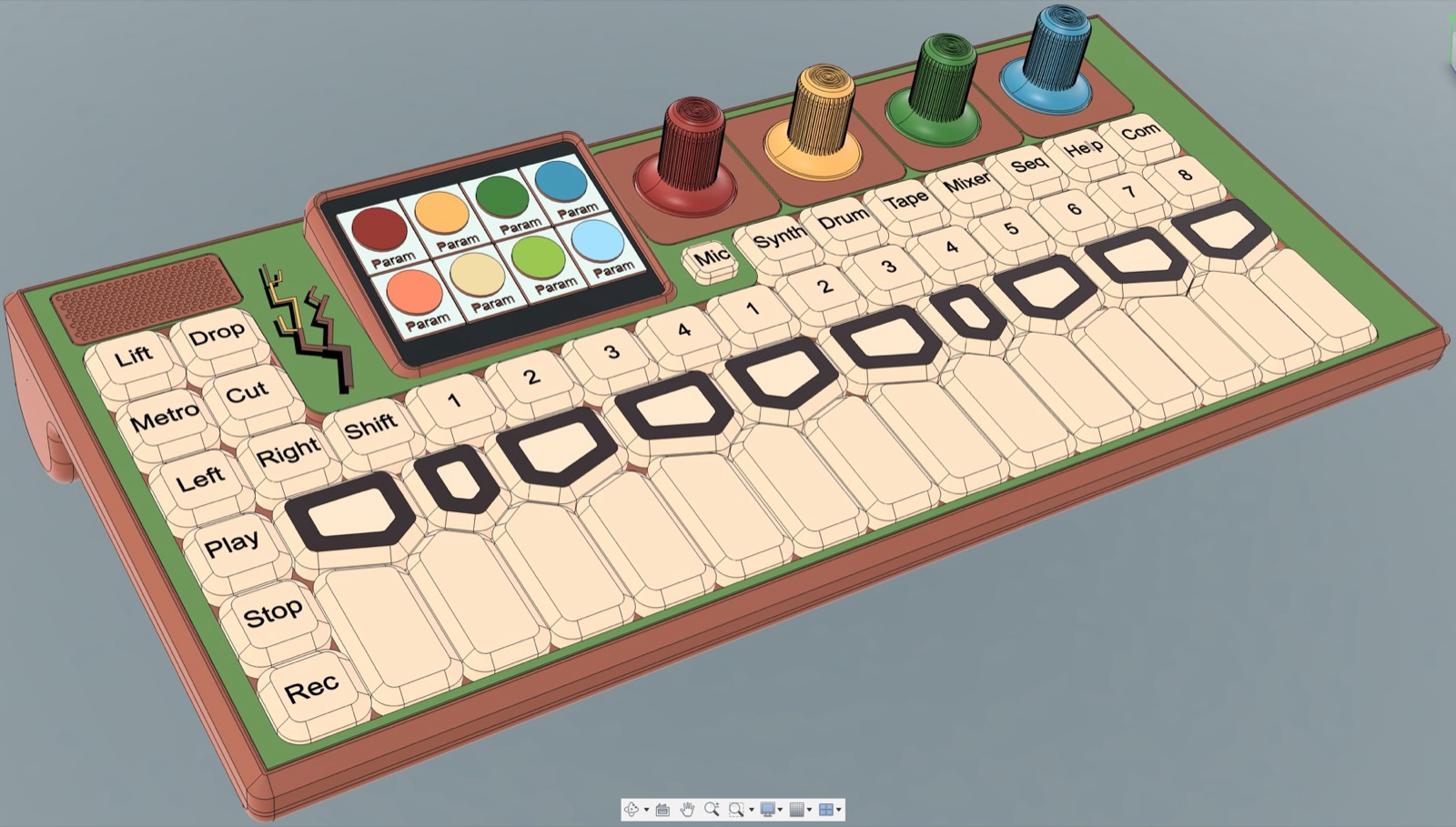 Render of a green and brown keyboard mock-up with an inclined display and a small arbutus branch logo on the panel