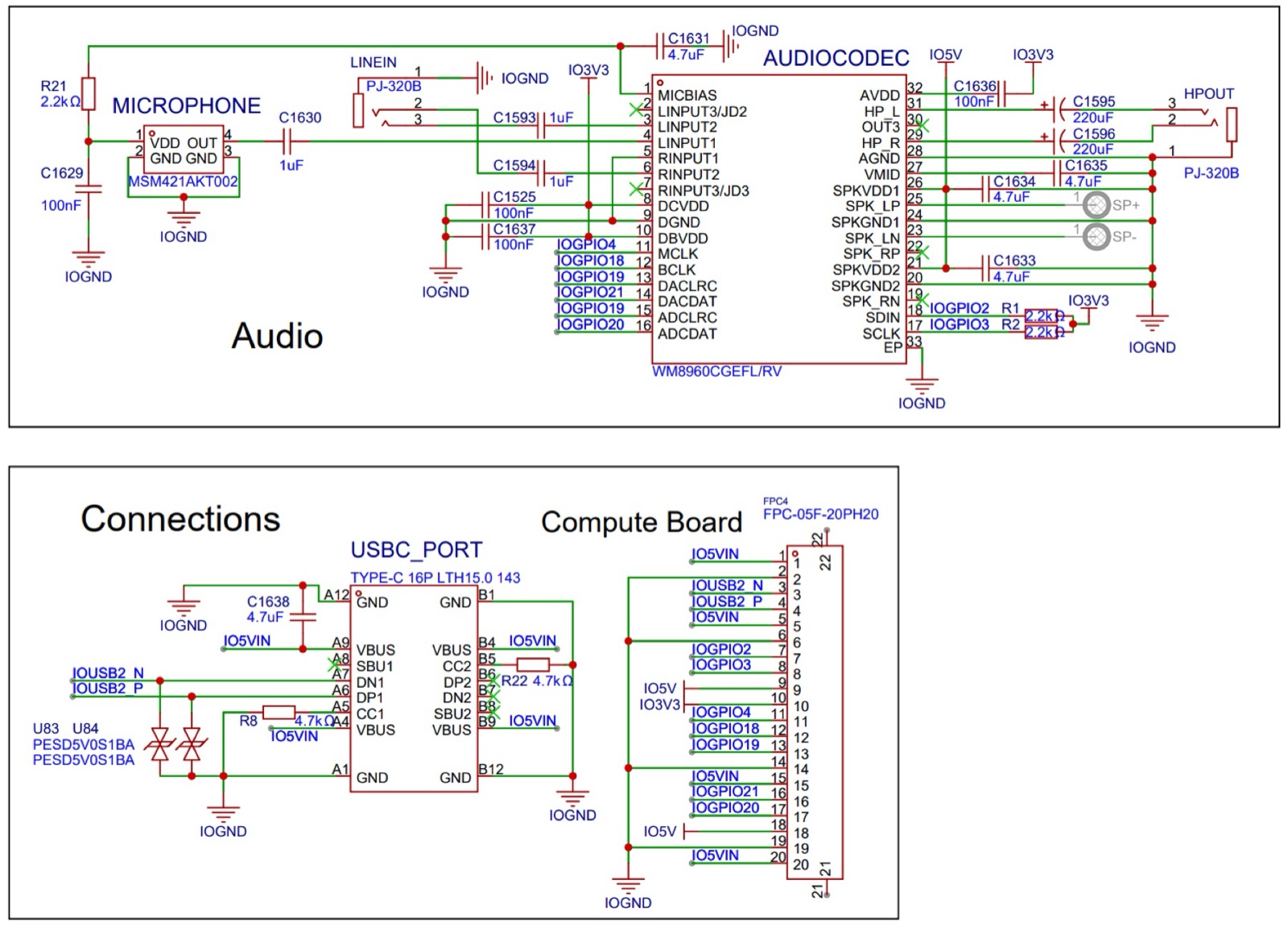 Cleanly formatted audio schematic: microphone, audio codec, headphone output, USB port and a ribbon connector to the compute board