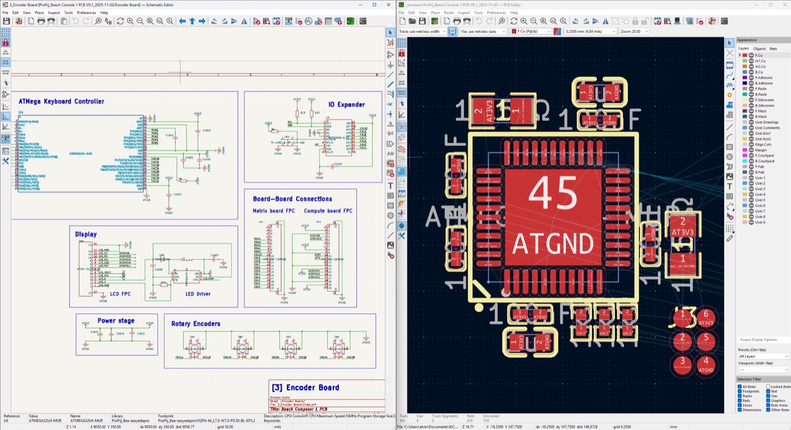 Split screen of KiCad: schematic on the left, a zoomed footprint of the keyboard controller chip on the right