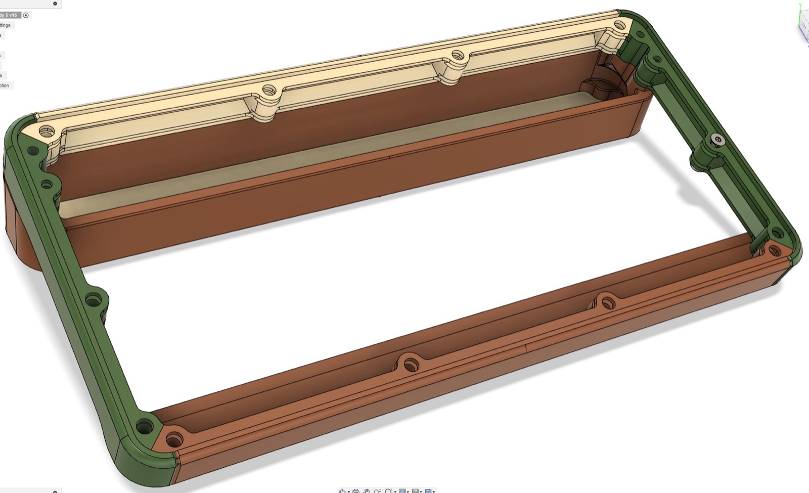 Fusion 360 model of the shell split into a green frame, a tan body and an orange-brown inner tray