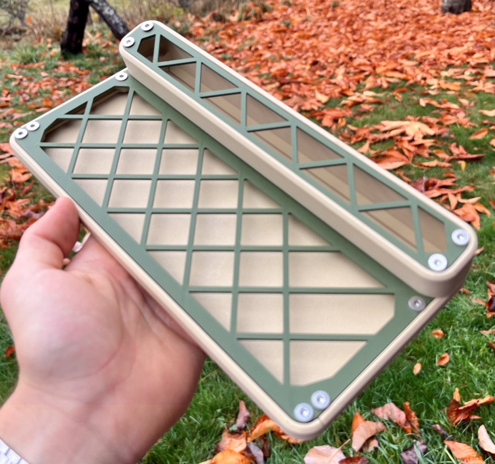 Hand holding a 3D-printed shell with a green lattice frame over a beige body, against autumn leaves