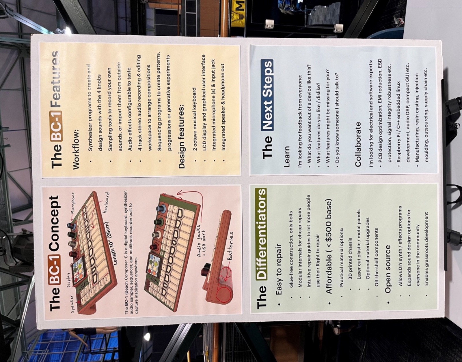 Poster board with four panels: the concept, features, differentiators and next steps
