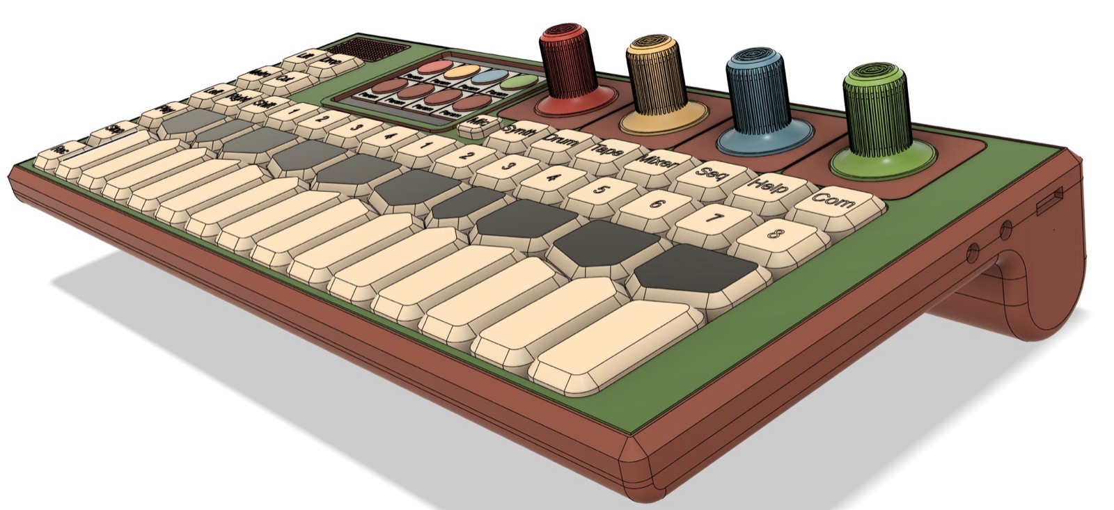 Low angle render of the same early mock-up showing the key profiles and knobs