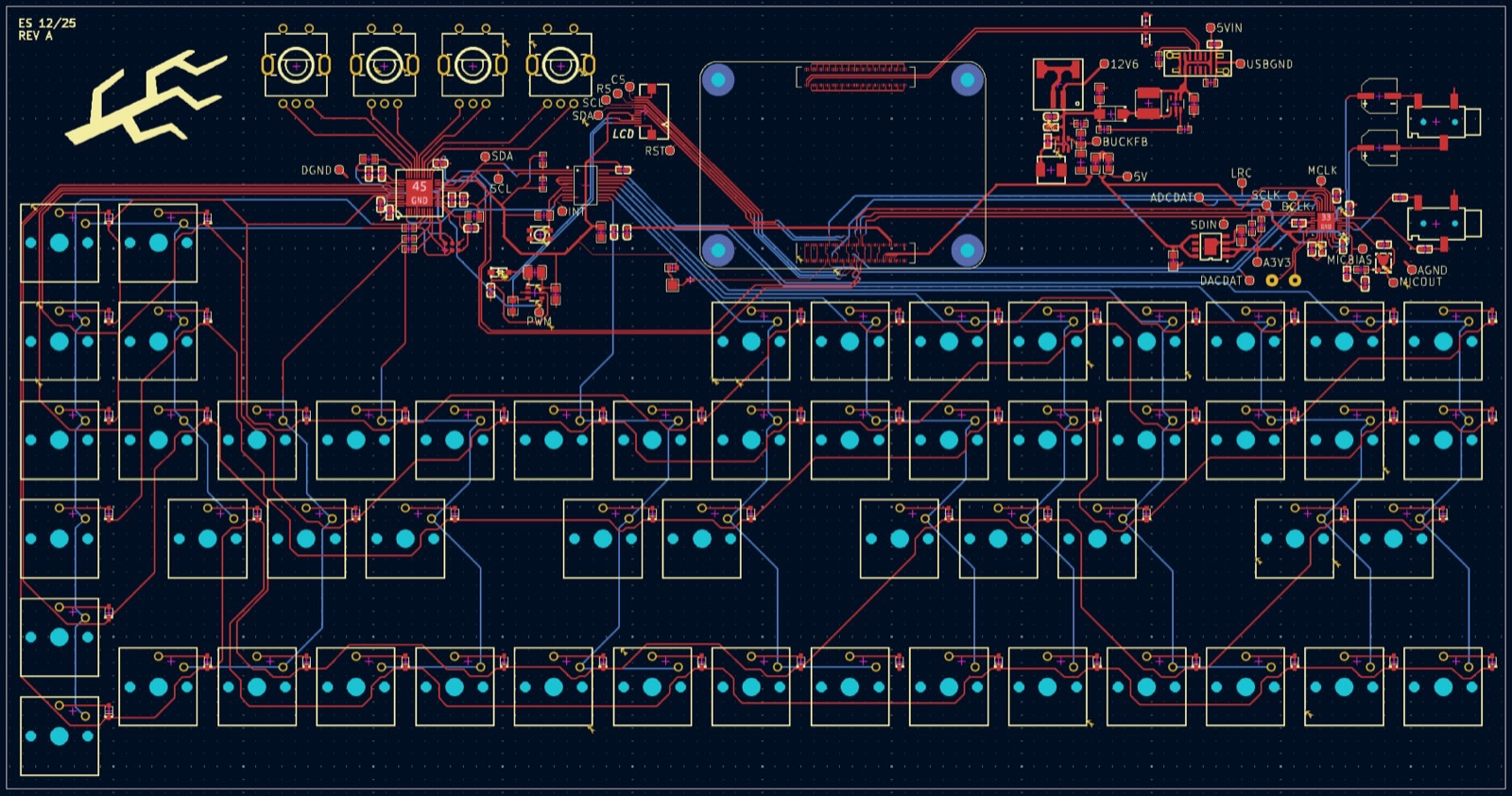 KiCad layout of the full validation board: four encoders top left, a grid of key switch footprints below, audio jacks at right