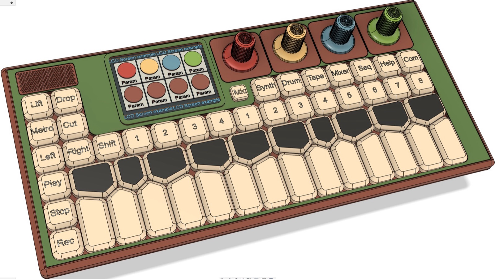 Render of an early mock-up: a green panel with cream keys, an LCD, four coloured knobs and a speaker grille, in a brown body