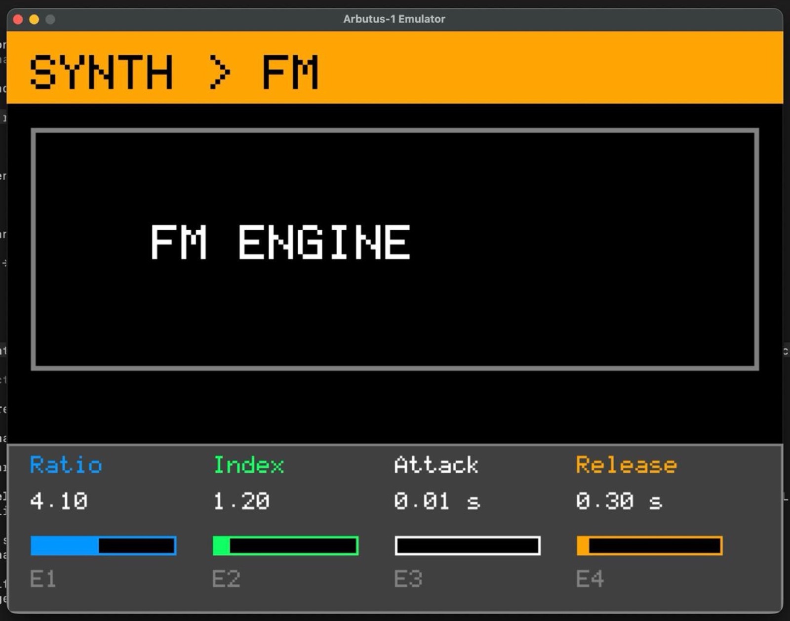 Emulator window showing SYNTH FM with four parameters, Ratio, Index, Attack and Release, on coloured bars