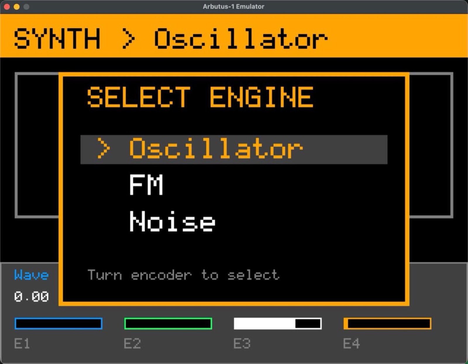 Emulator window with a SELECT ENGINE menu listing Oscillator, FM and Noise