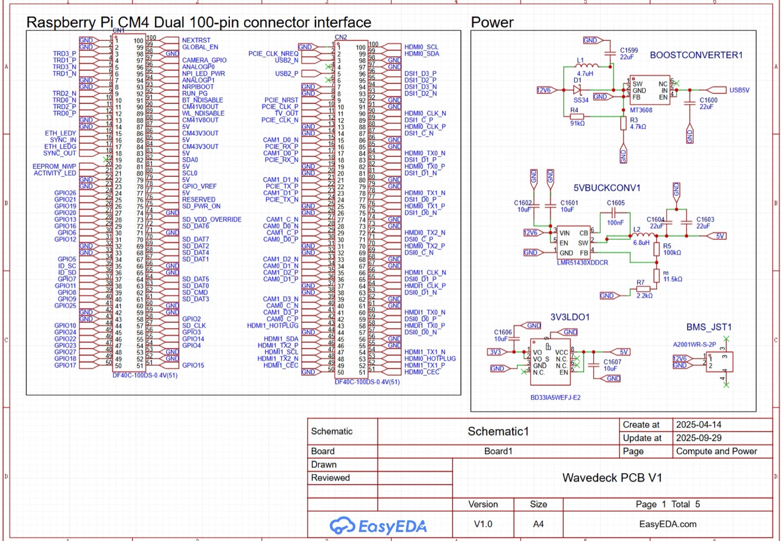 EasyEDA schematic sheet for the Compute Module 4 connector and the power converters
