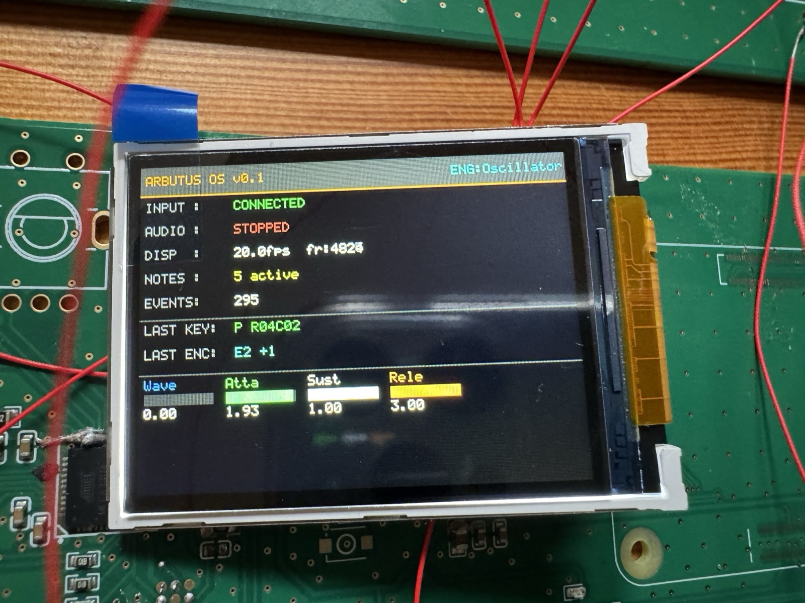 Small LCD showing ArbutusOS v0.1 diagnostics: input connected, last key and encoder events, and four synth parameters
