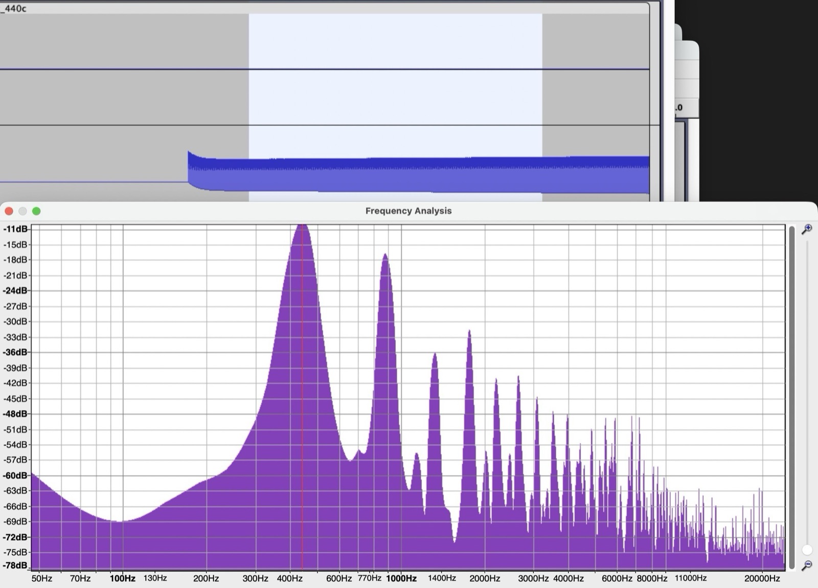 Audacity spectrum of a recorded 440 Hz tone showing a tall fundamental and a series of decaying harmonic peaks