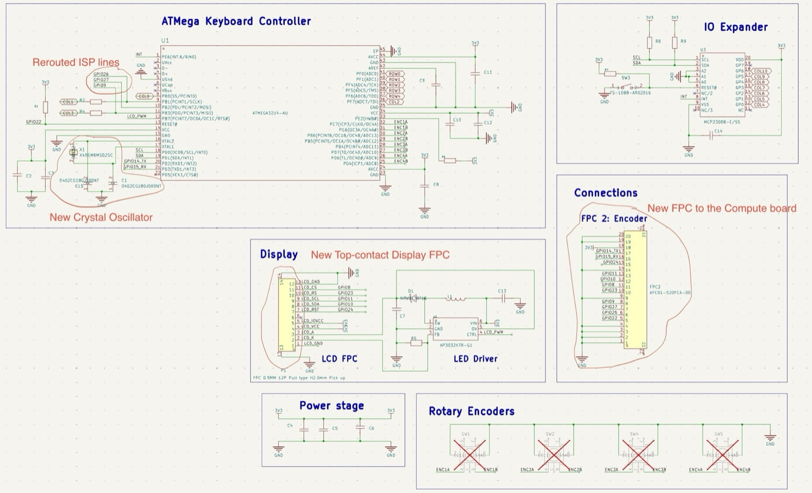 Annotated encoder board schematic with rerouted programming lines, a new crystal, a top-contact display connector and a ribbon connector to the compute board