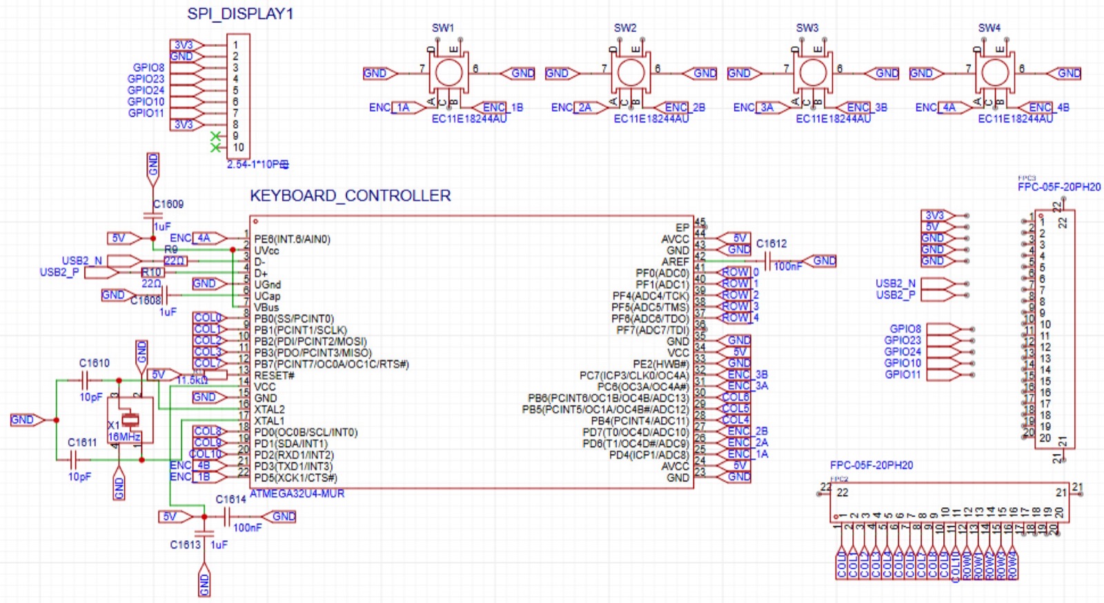 EasyEDA schematic sheet for the keyboard controller, four encoders and the display connector