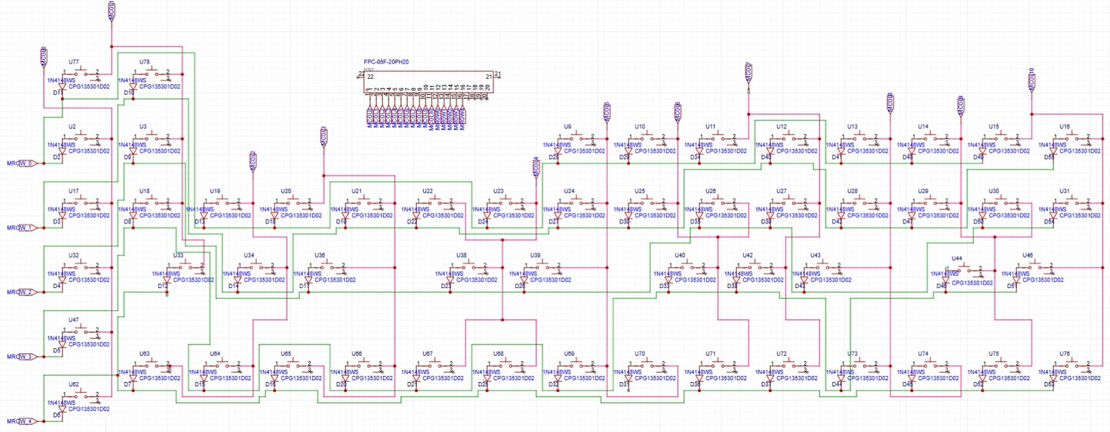 EasyEDA schematic of the key switch matrix, dozens of switches and diodes in rows and columns